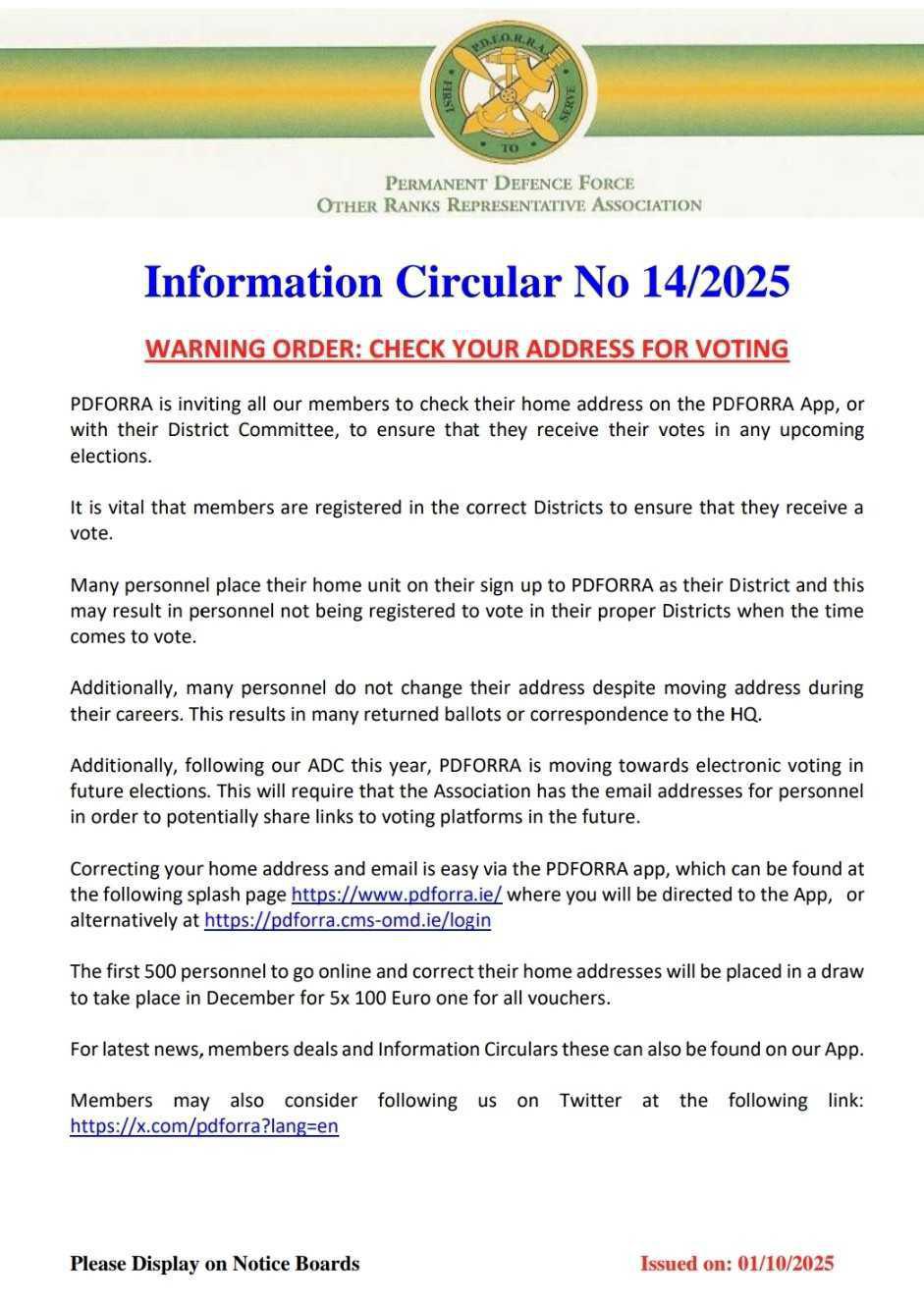 Information Circular No. 14 of 25- Warning Order- change of address elections