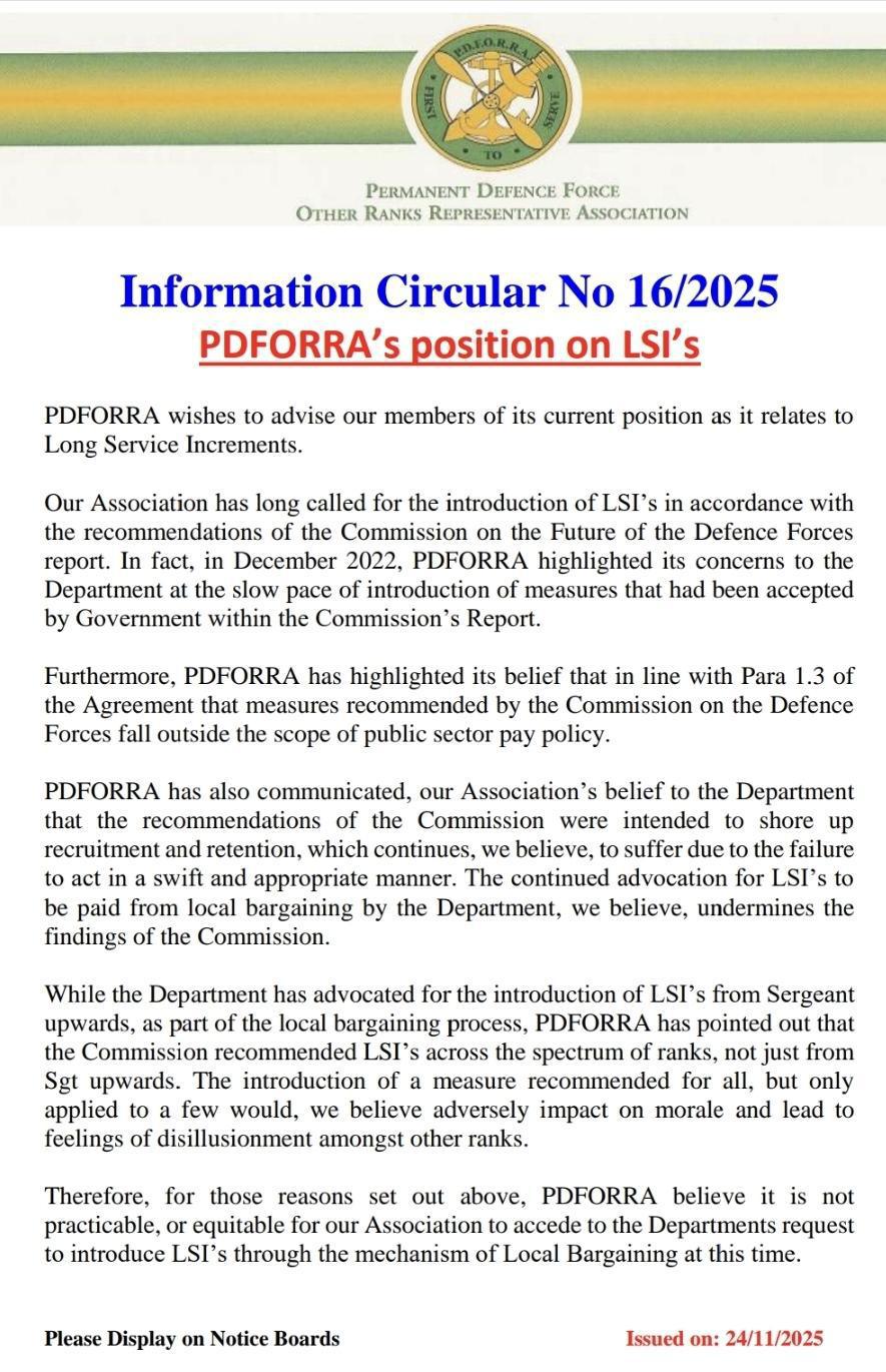 Information Circular No 16 of 2025-PDFORRA- POSITION ON LSI's