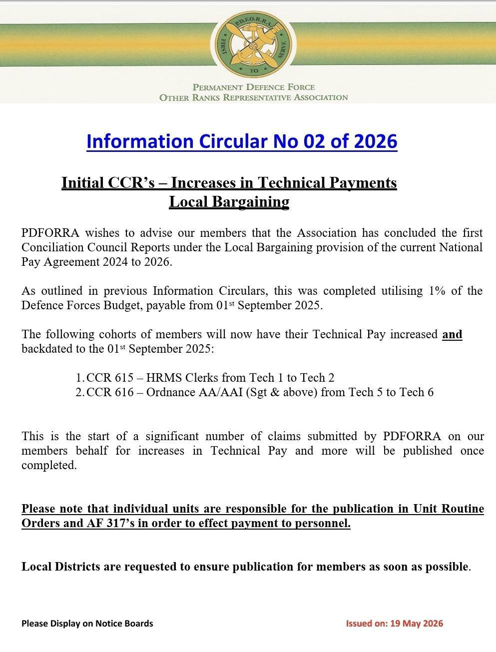 Information Circular No 02 of 26 - Initial CCR's - Payments under Local Bargaining