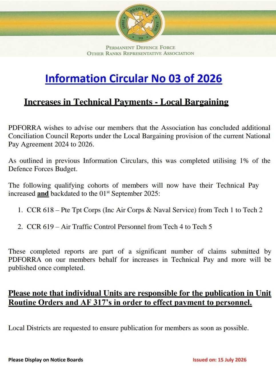 Information Circular No 03 of 26 - Additional Agreed CCR's - Payments under Local Bargaining