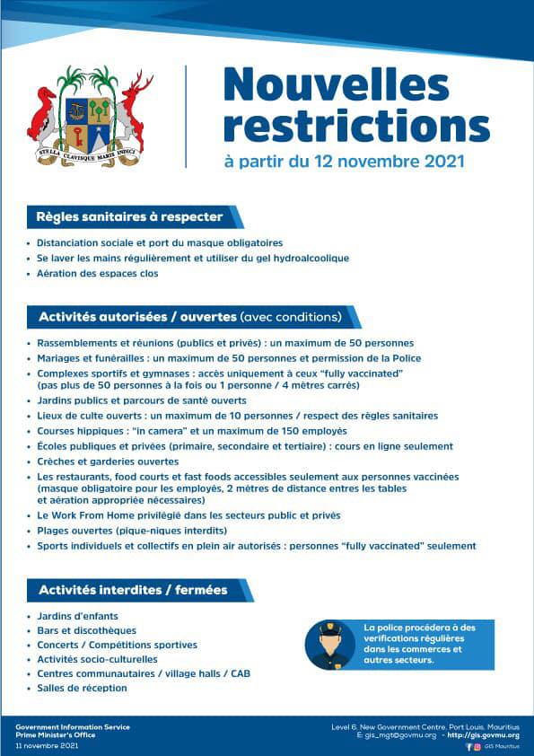 New restrictions as from 12th November 2021