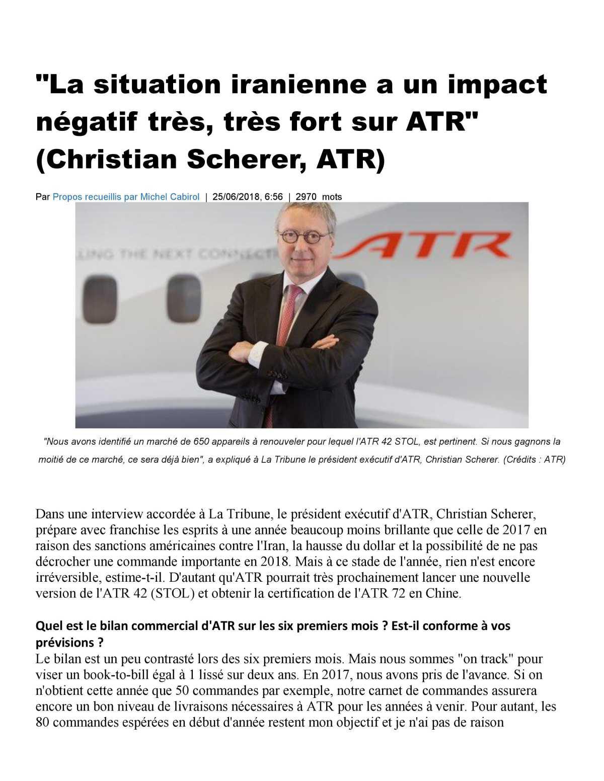 "La situation Iranienne a un impact négatif très, très fort sur ATR" CEO ATR