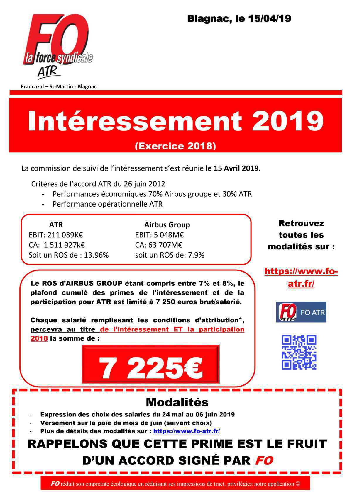 Intéressement et Participation ATR (résultats de 2018) 