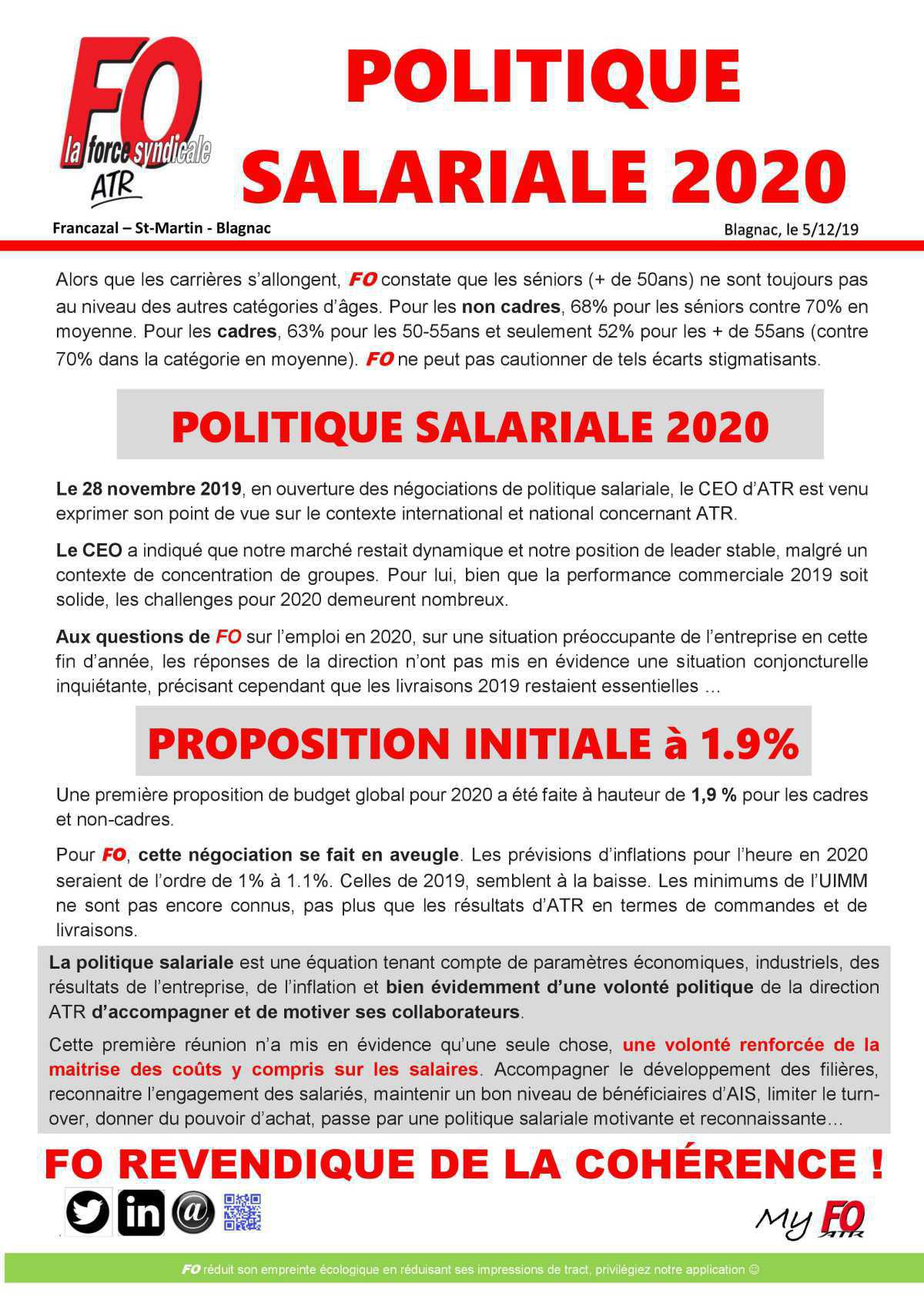 Transparence 2019 et politique salariale 2020