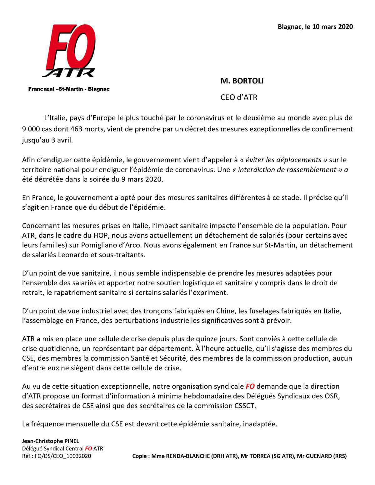 COVID-19 : Lettre ouverte au CEO d'ATR