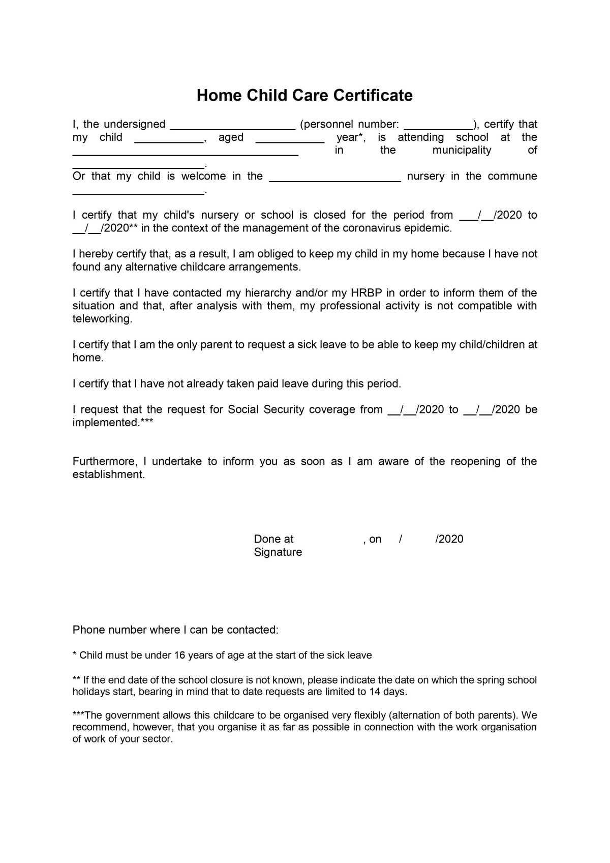 COVID-19 : Attestation de garde enfant , Home child care certificate ATR