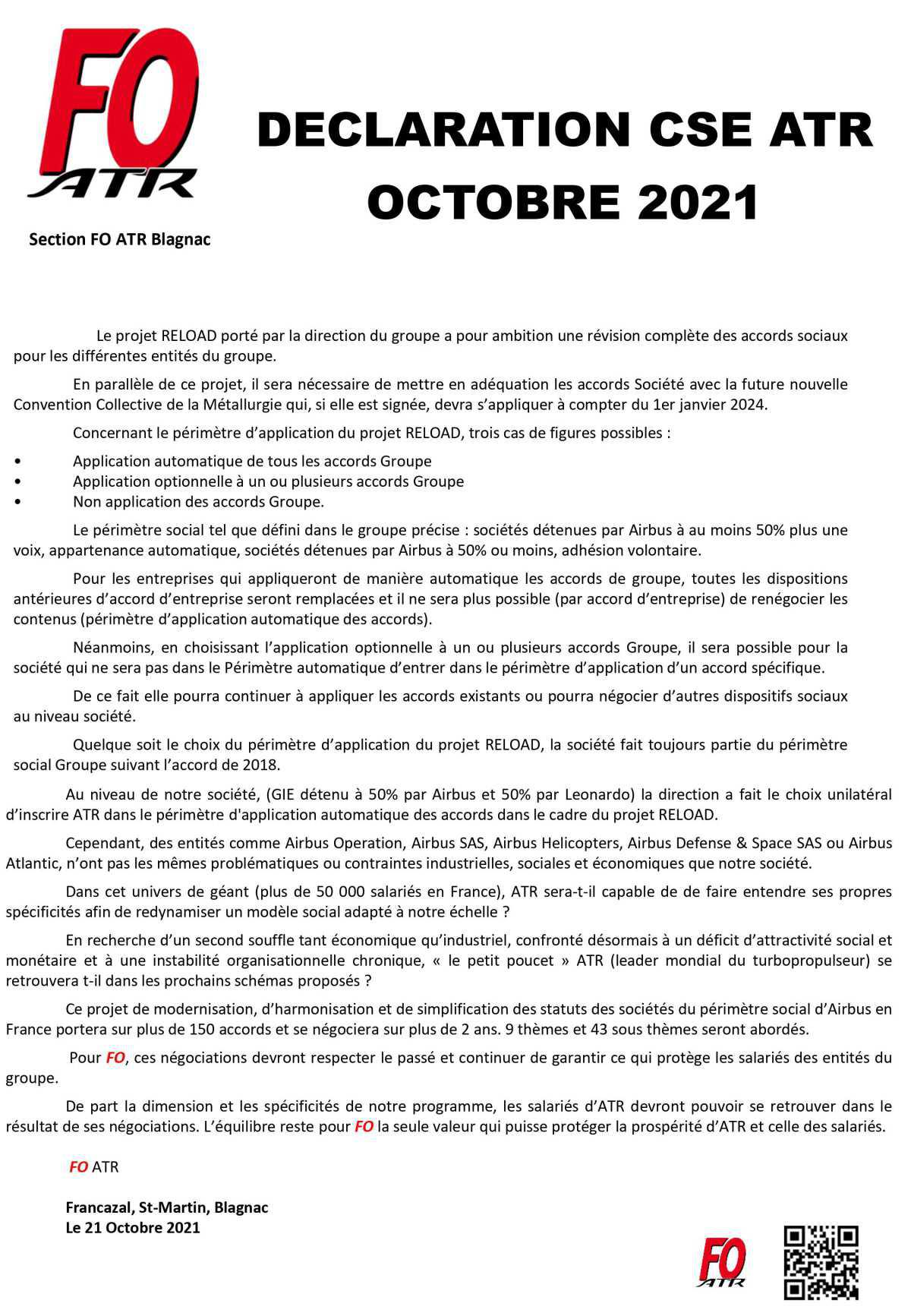 Déclaration FO en CSE du 21 Octobre 2021