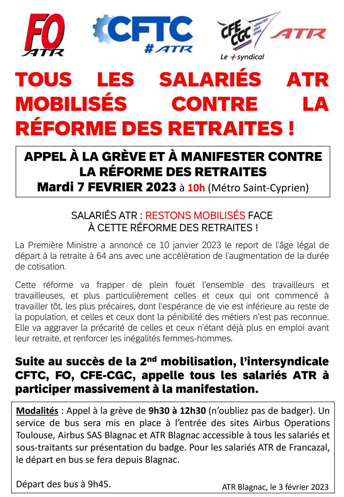 TRACT Intersyndical : 7 février, Manifestation contre la réforme des retraites