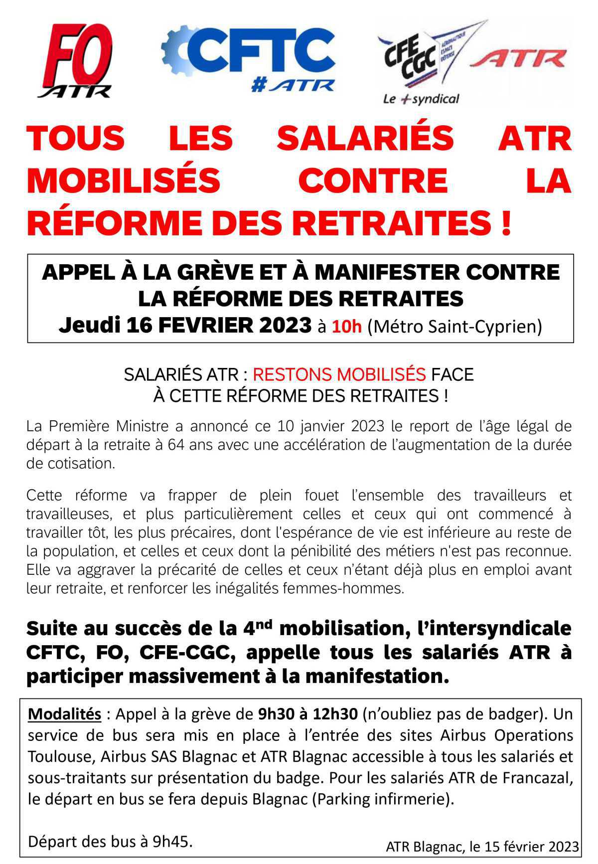 Tract intersyndicale : 16 février, manifestation contre la réforme des retraites !