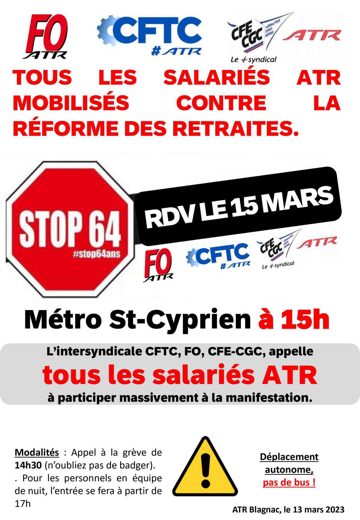 Tract de l'intersyndicale ATR : grève du 15 mars
