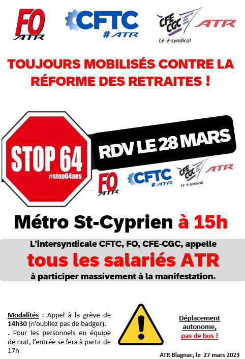 Tract de l'intersyndicale ATR: Grève et manifestation du 28 mars 2023