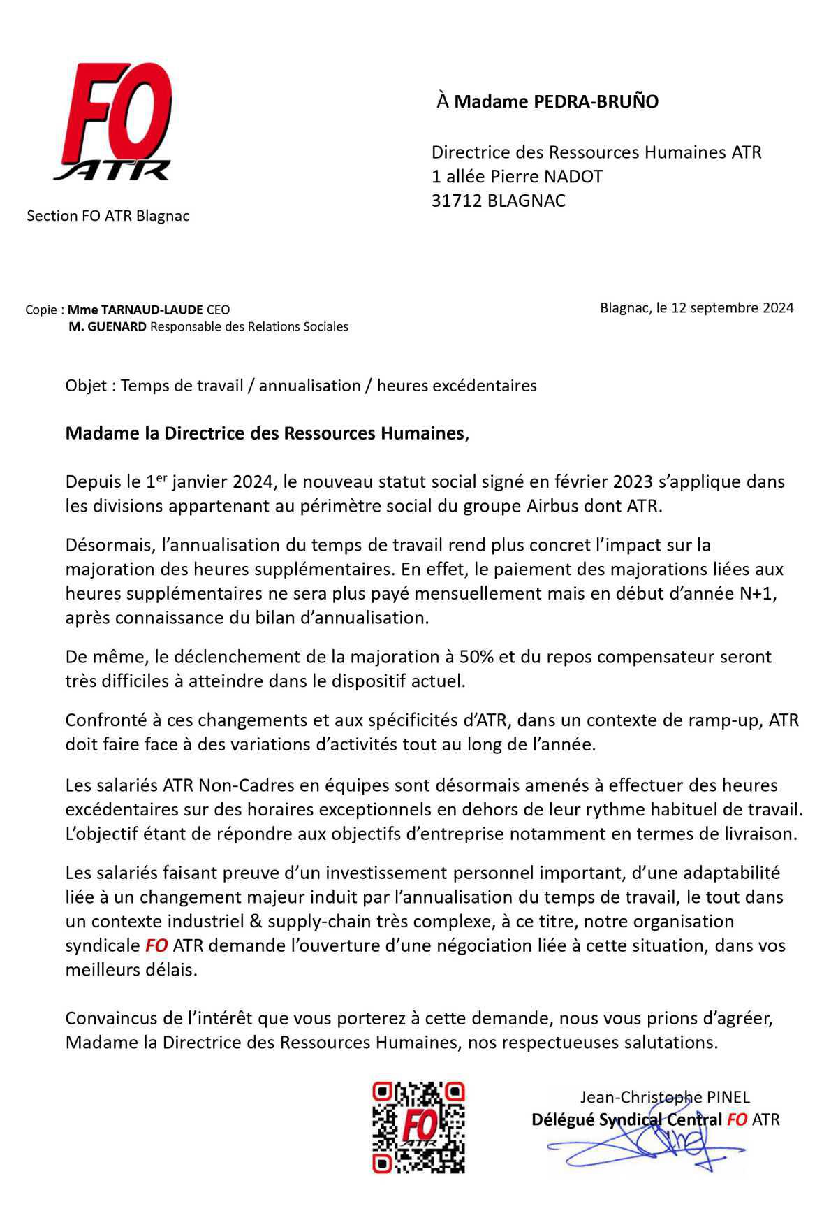 Courrier à la direction d'ATR