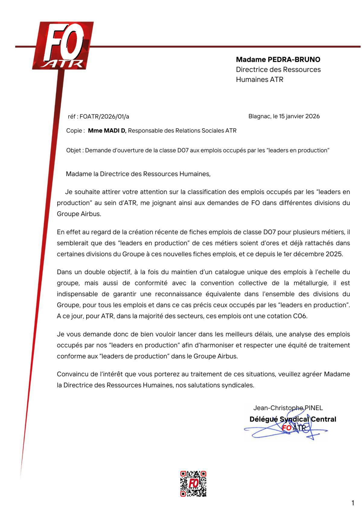 Flash inFO : Courrier à la direction d'ATR