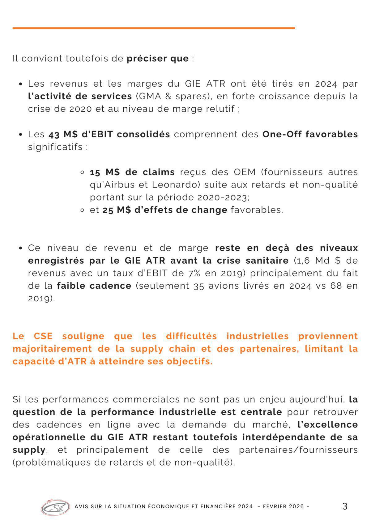 Déclaration intersyndicale Expertise Economique et financière 2024 et avis de la commission économique d'ATR.