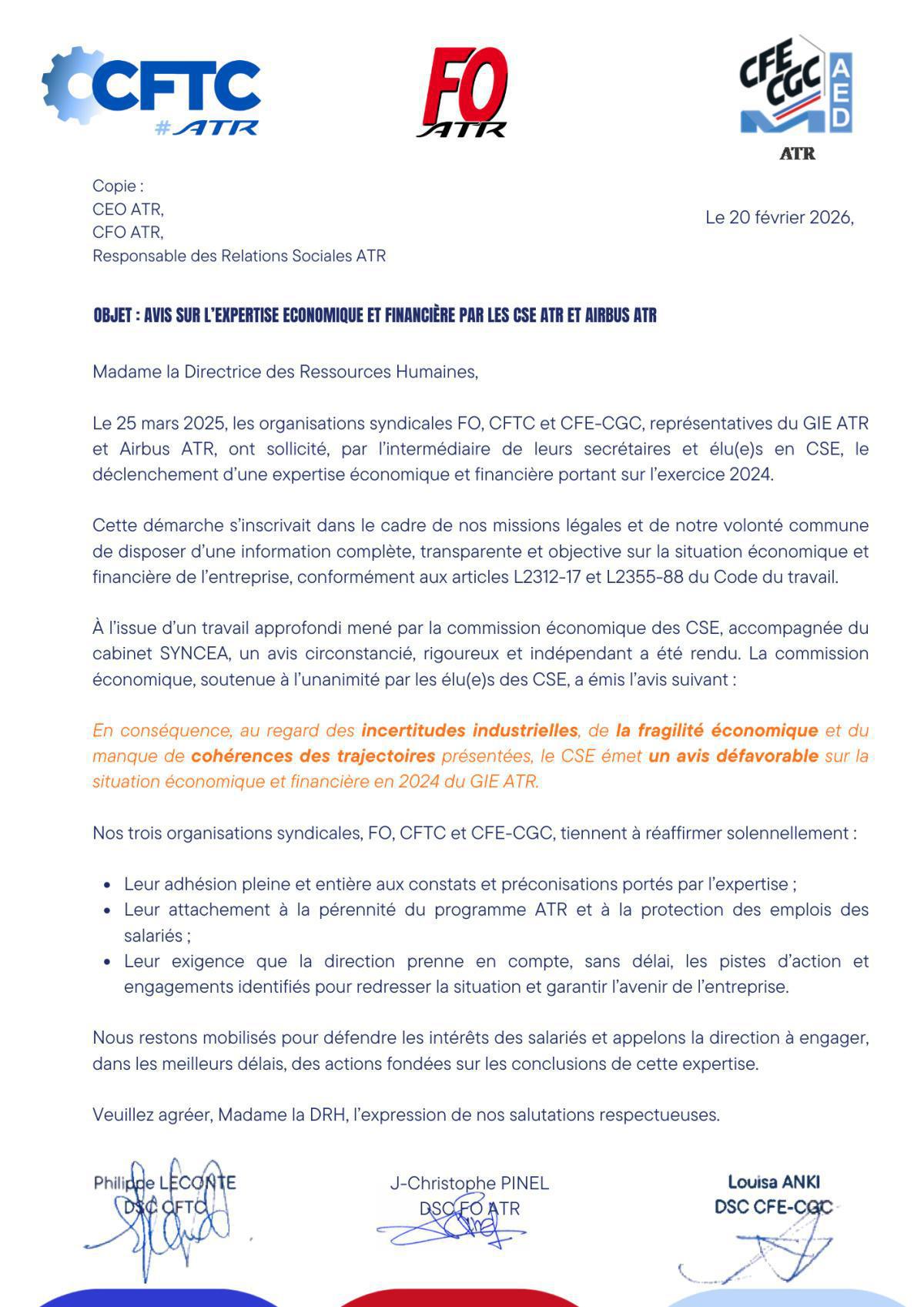 Déclaration intersyndicale Expertise Economique et financière 2024 et avis de la commission économique d'ATR.