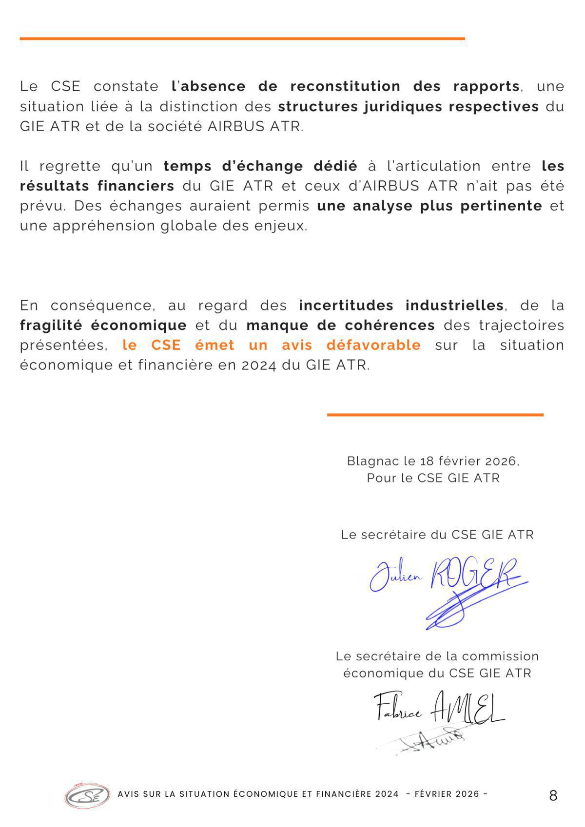 Déclaration intersyndicale Expertise Economique et financière 2024 et avis de la commission économique d'ATR.