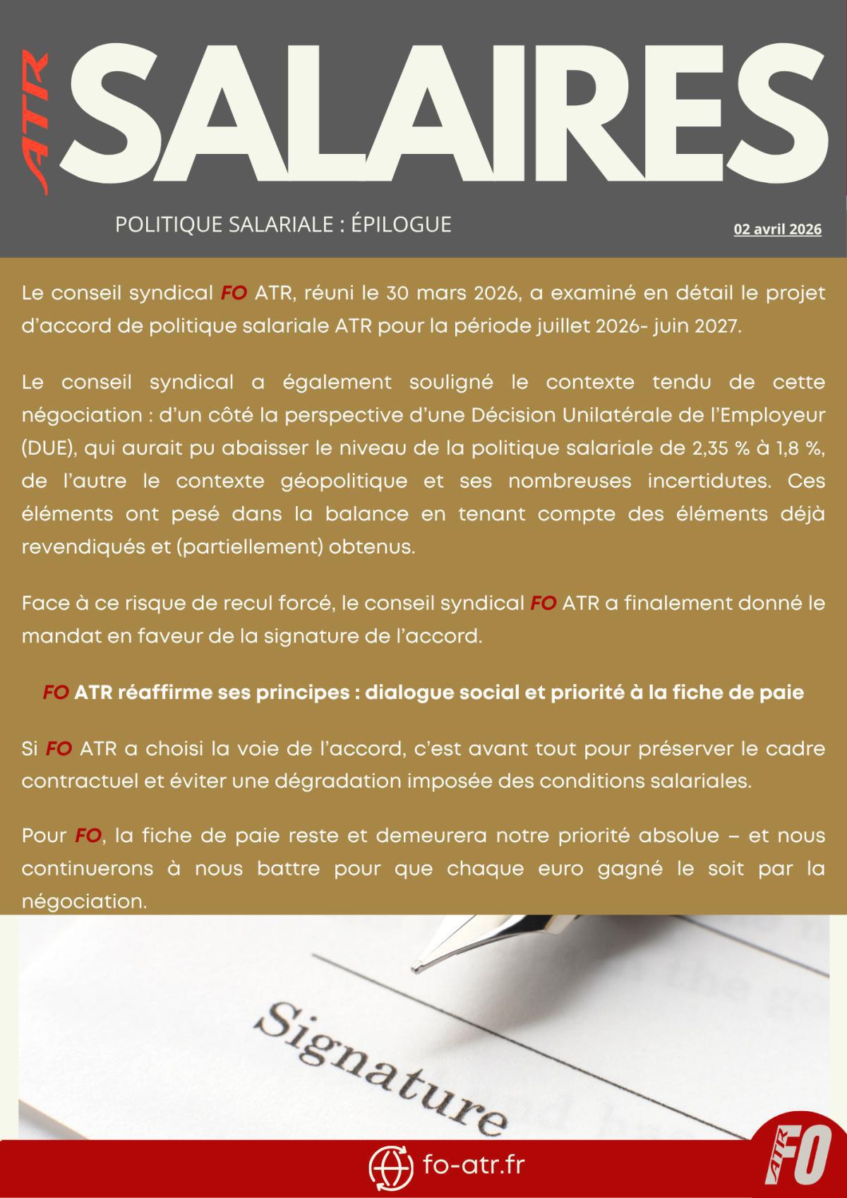 FO signe l'accord de Politique Salariale.