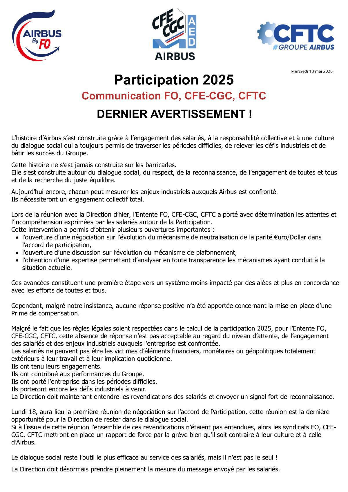 Participation 2025 : DERNIER AVERTISSEMENT Communication FO-CFTC-CFE-CGC