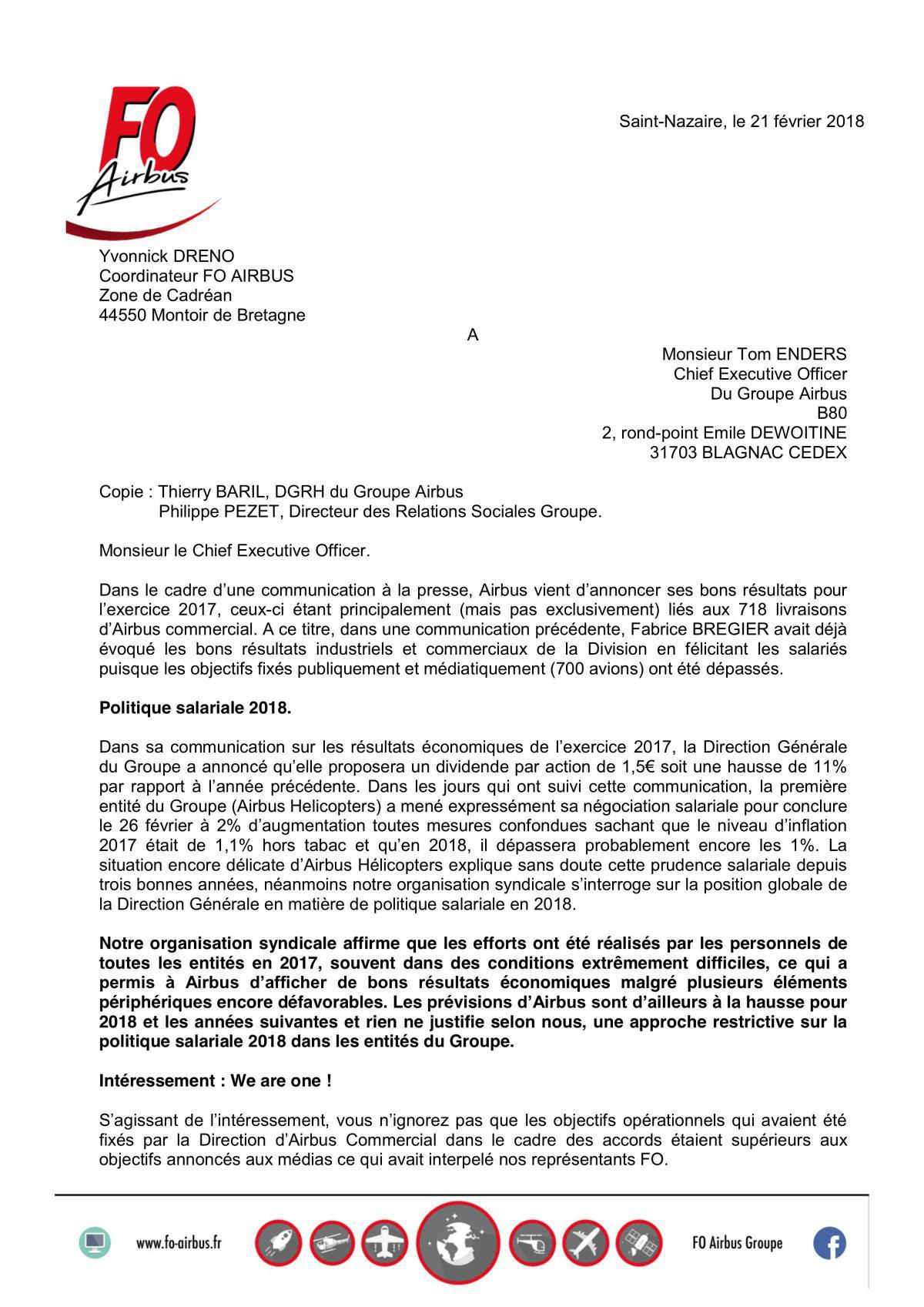 Salaires et Intéressement 2018 - Lettre à T. Enders Salaires et Intéressement 2018 - Lettre à T. Enders