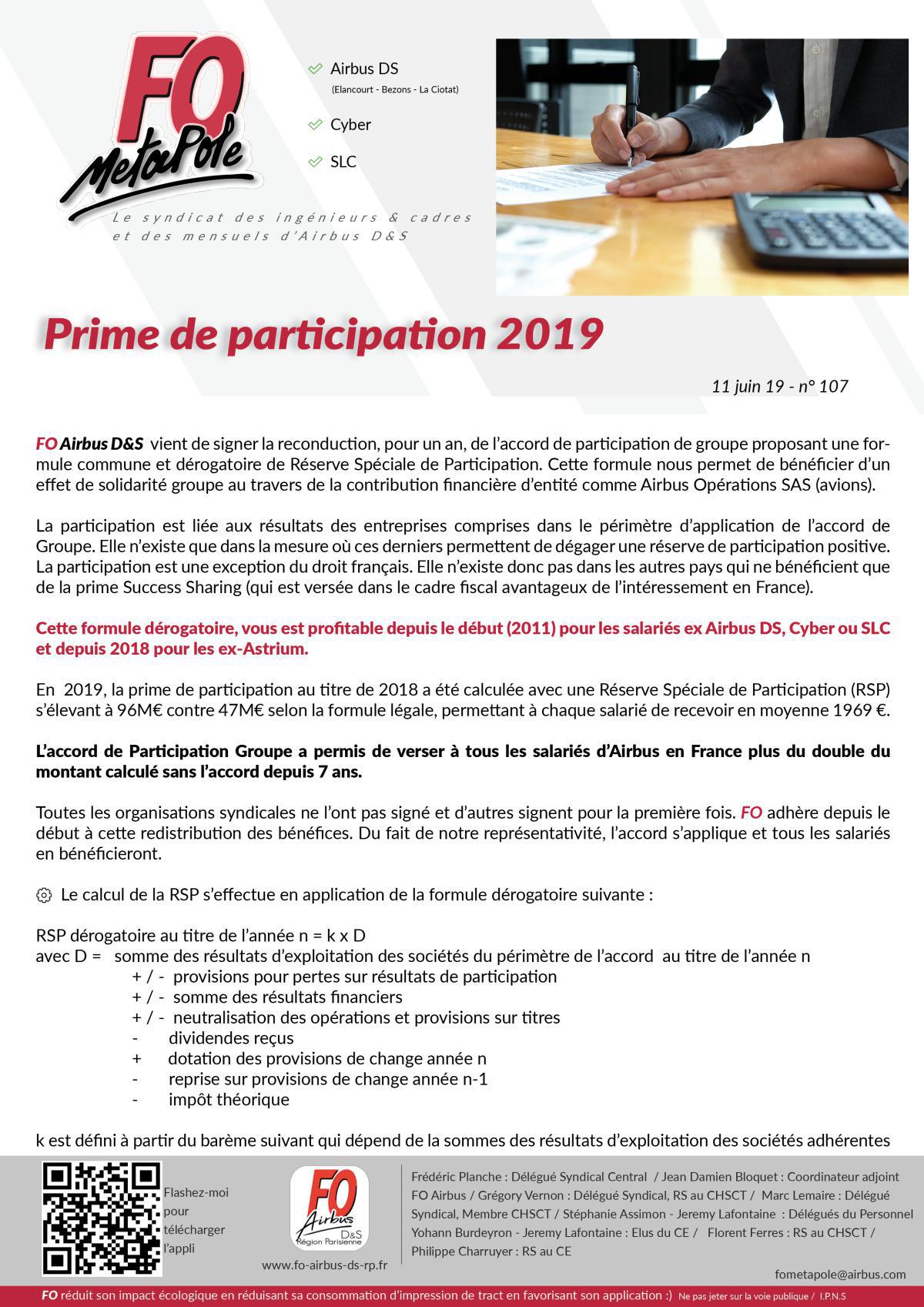 Prime de participation 2019