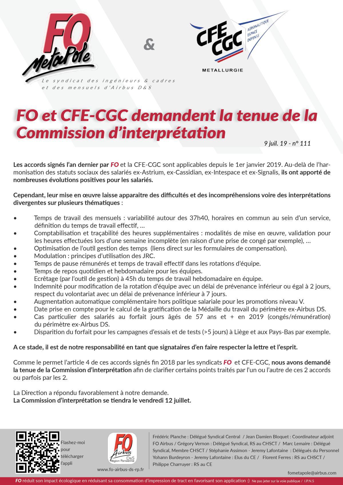 FO et CFE-CGC demandent la tenue de la Commission d'interprétation