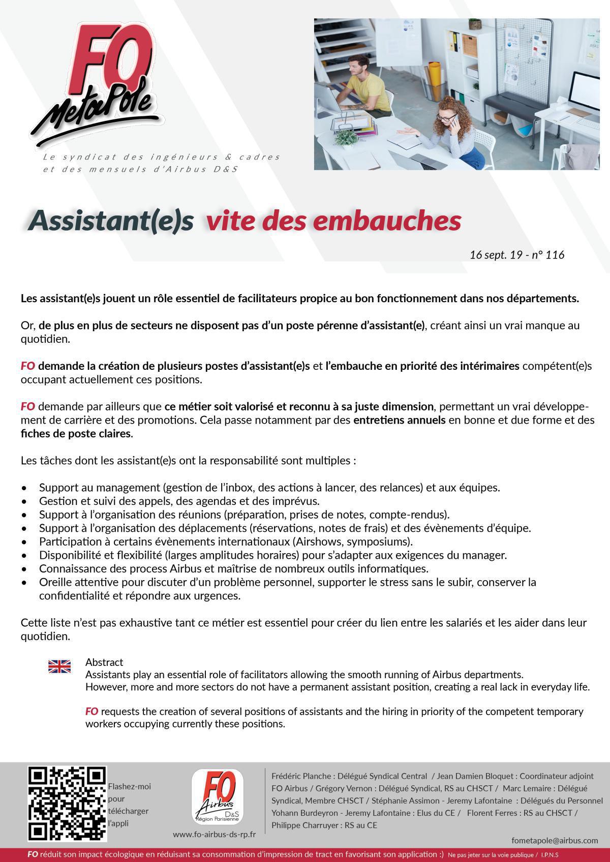 Assistant(e)s : vite des embauches Assistant(e)s : vite des embauches