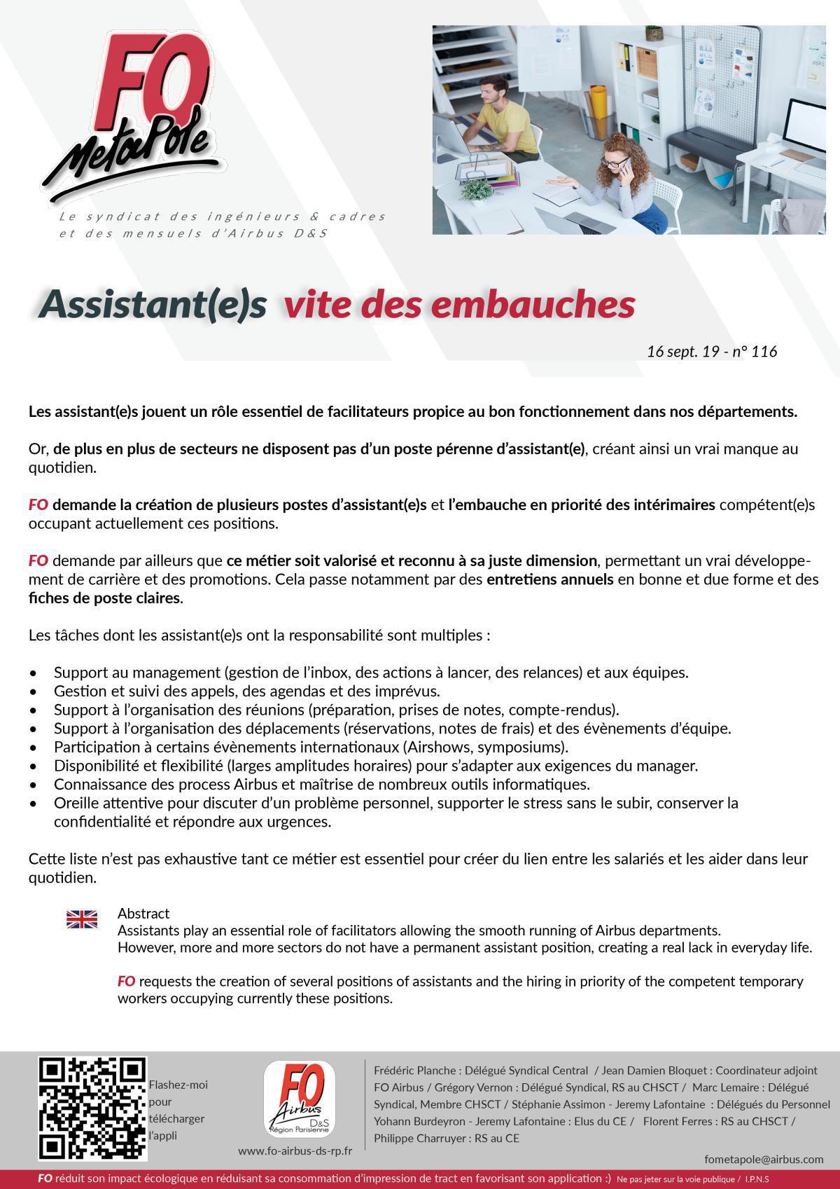 Assistant(e)s : vite des embauches