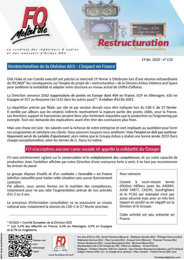 Impact en France de la restructuration de la division ADS Impact en France de la restructuration de la division ADS