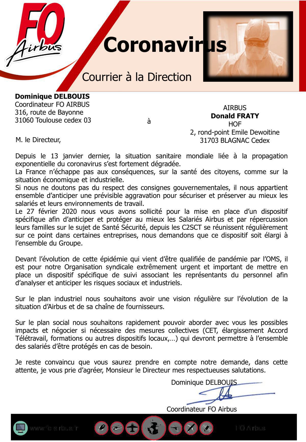 COVID-19 - Courrier à la Direction  COVID-19 - Courrier à la Direction