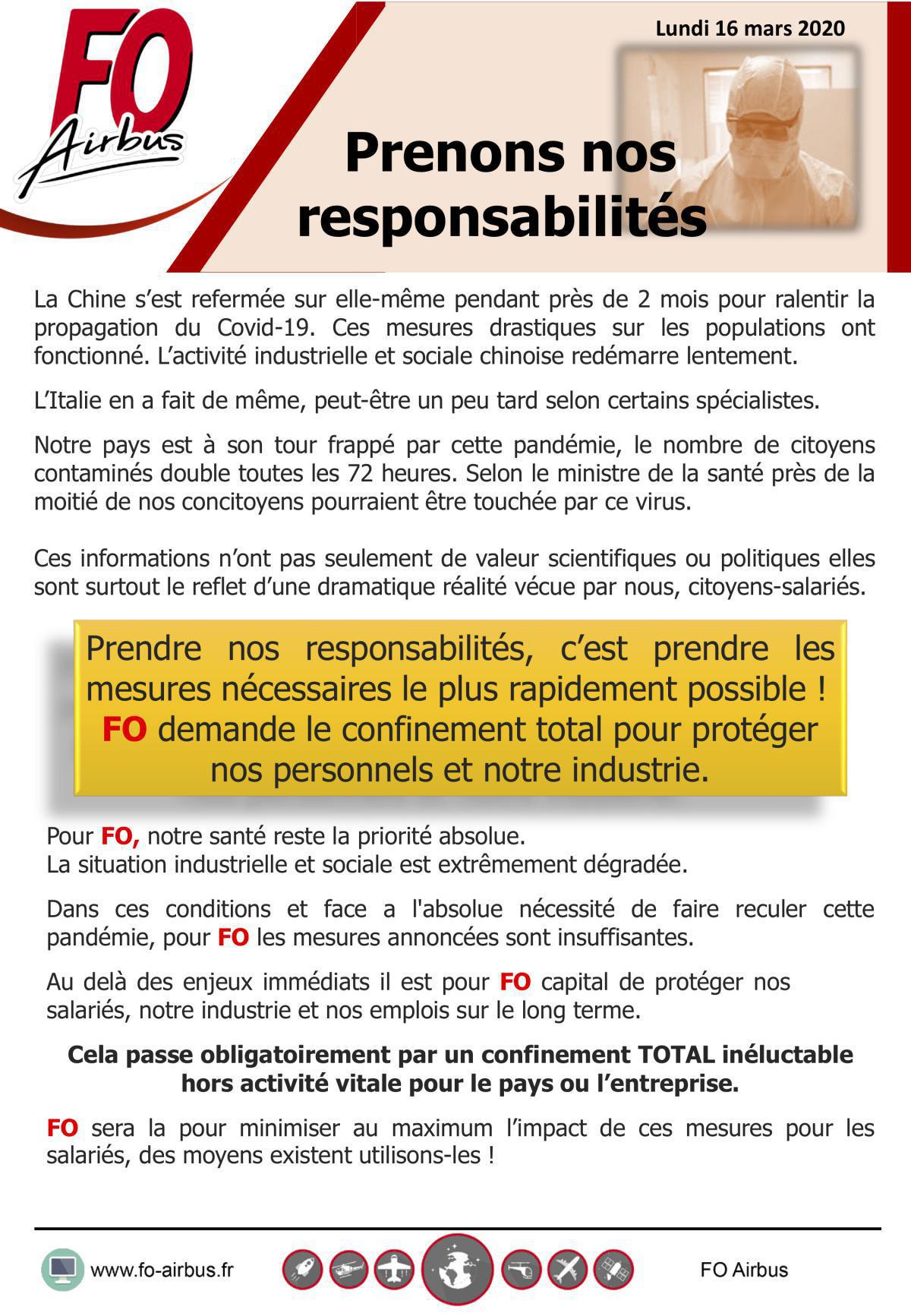 Prenons nos responsabilités, FO demande le confinement Prenons nos responsabilités, FO demande le confinement