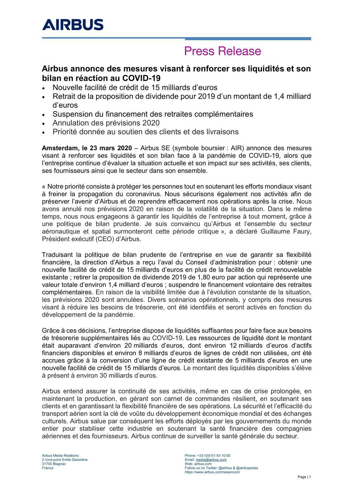 Airbus annule le versement de ses dividendes Airbus annule le versement de ses dividendes