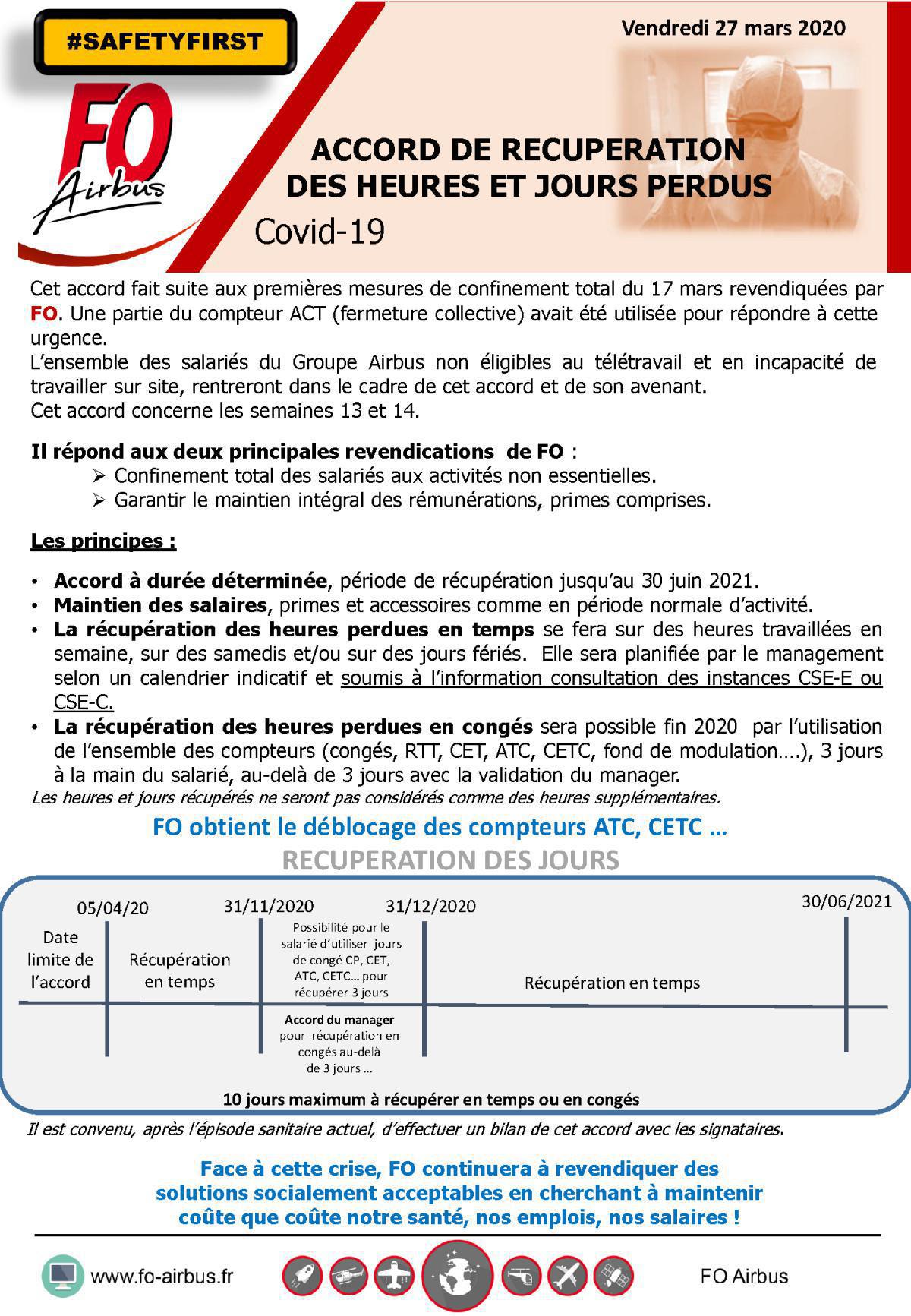 Accord de récupération des heures et jours perdus Accord de récupération des heures et jours perdus