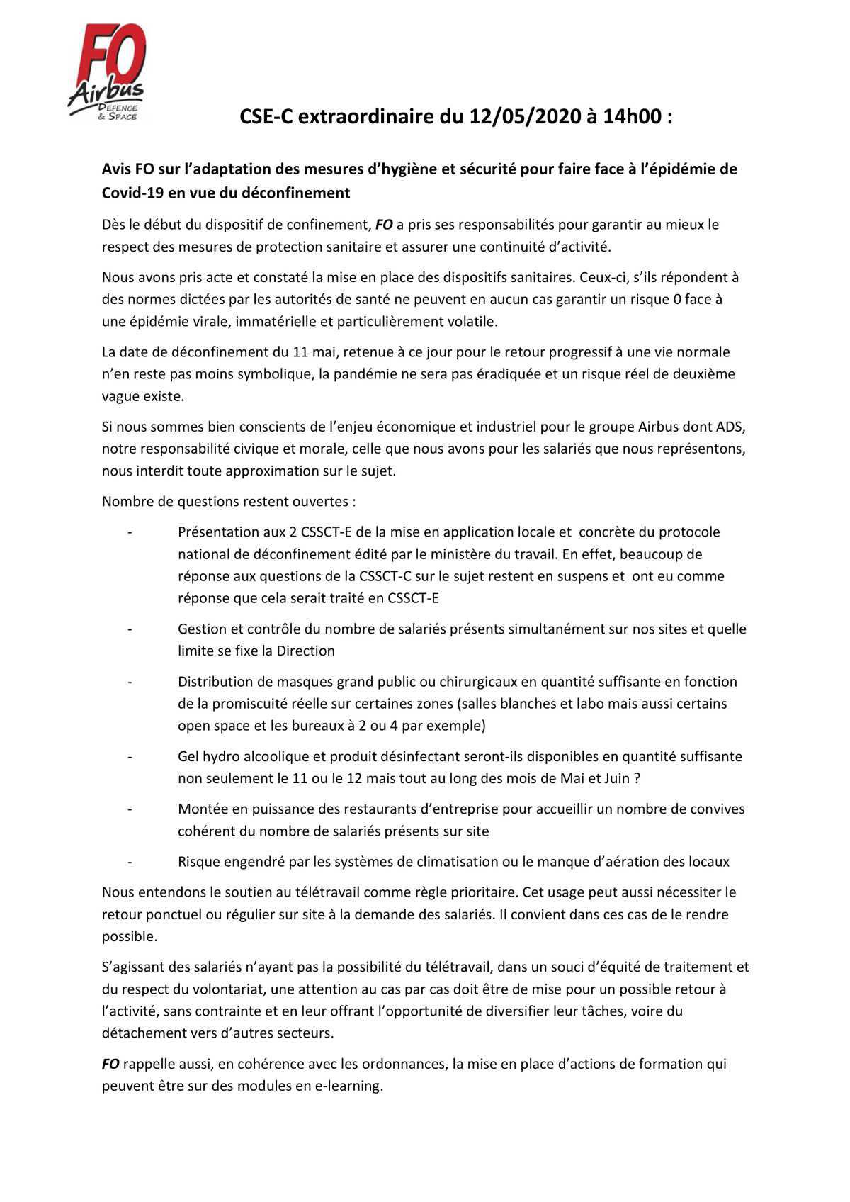 Avis FO CSE-C Mesures déconfinement 12/05/2020