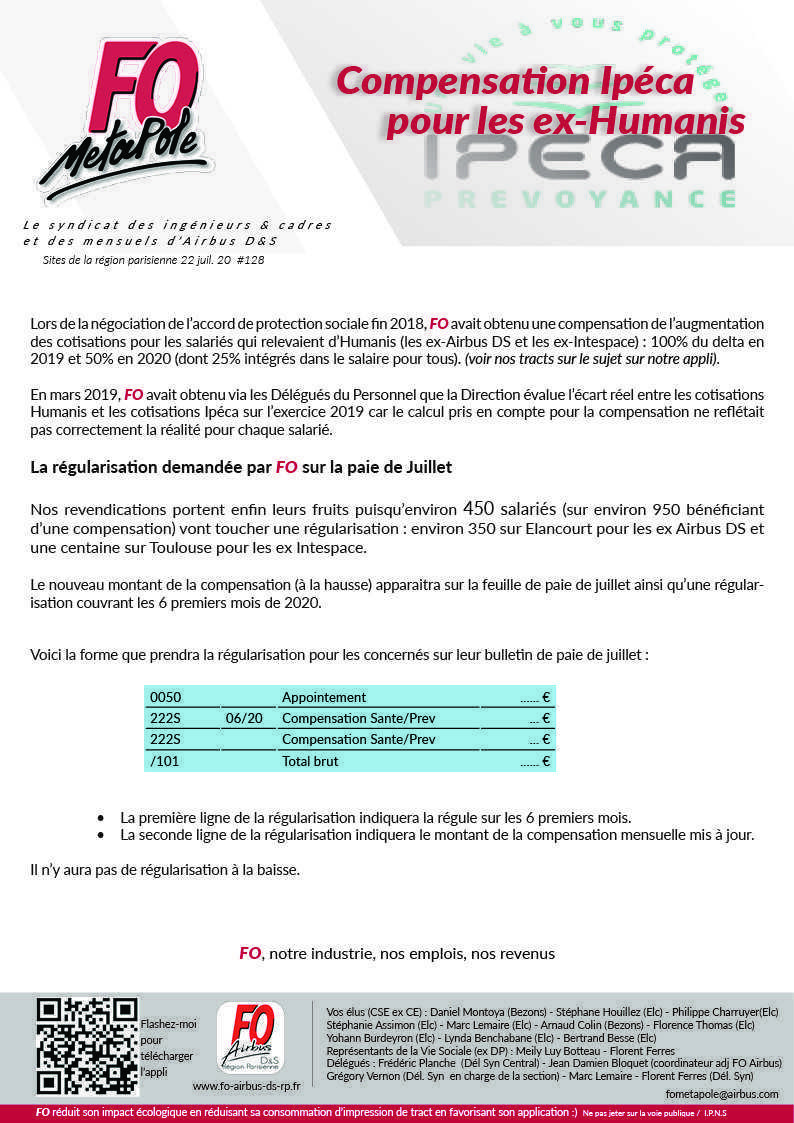 Ipeca : la régularisation demandée par FO sur la paie de juillet Ipeca : la régularisation demandée par FO sur la paie de juillet