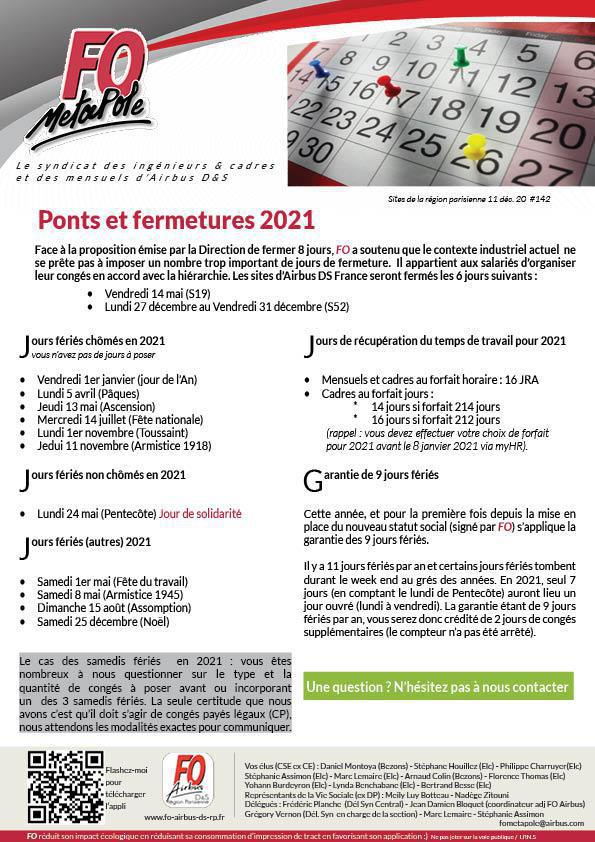 Ponts et fermetures en 2021 Ponts et fermetures en 2021