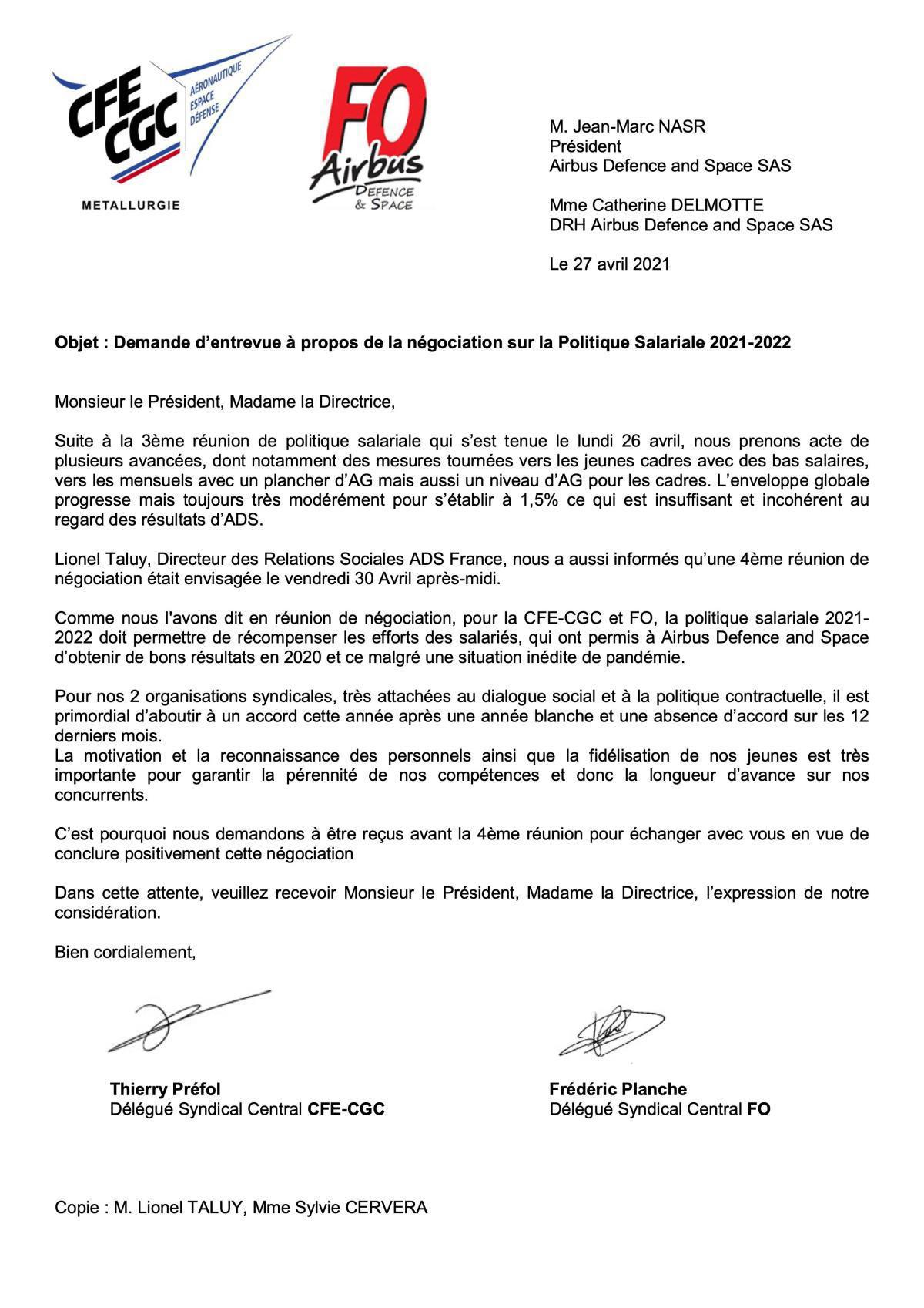 Notre courrier à la Direction d'Airbus Defence and Space avant le 4e RDV Notre courrier à la Direction d'Airbus Defence and Space avant le 4e RDV