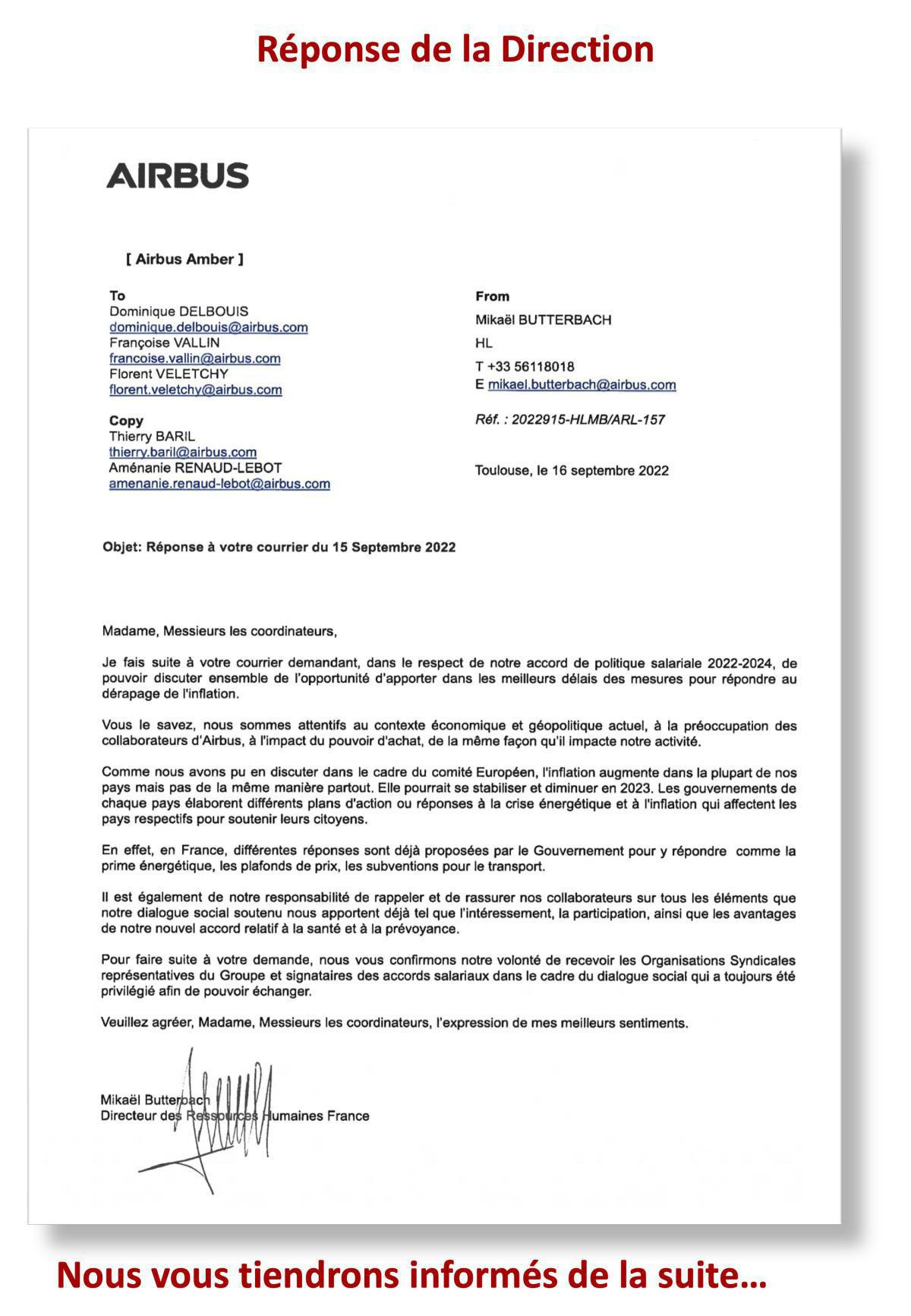 Inflation et pouvoir d'achat : courrier à la Direction et réponse Inflation et pouvoir d'achat : courrier à la Direction et réponse