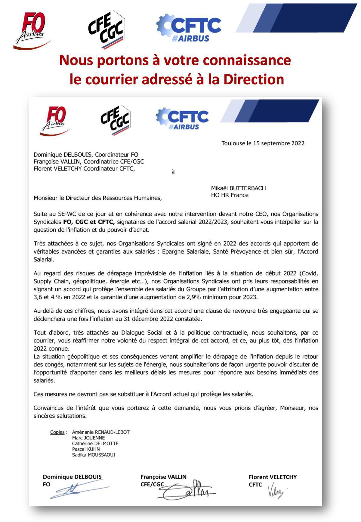 Inflation et pouvoir d'achat : courrier à la Direction et réponse Inflation et pouvoir d'achat : courrier à la Direction et réponse