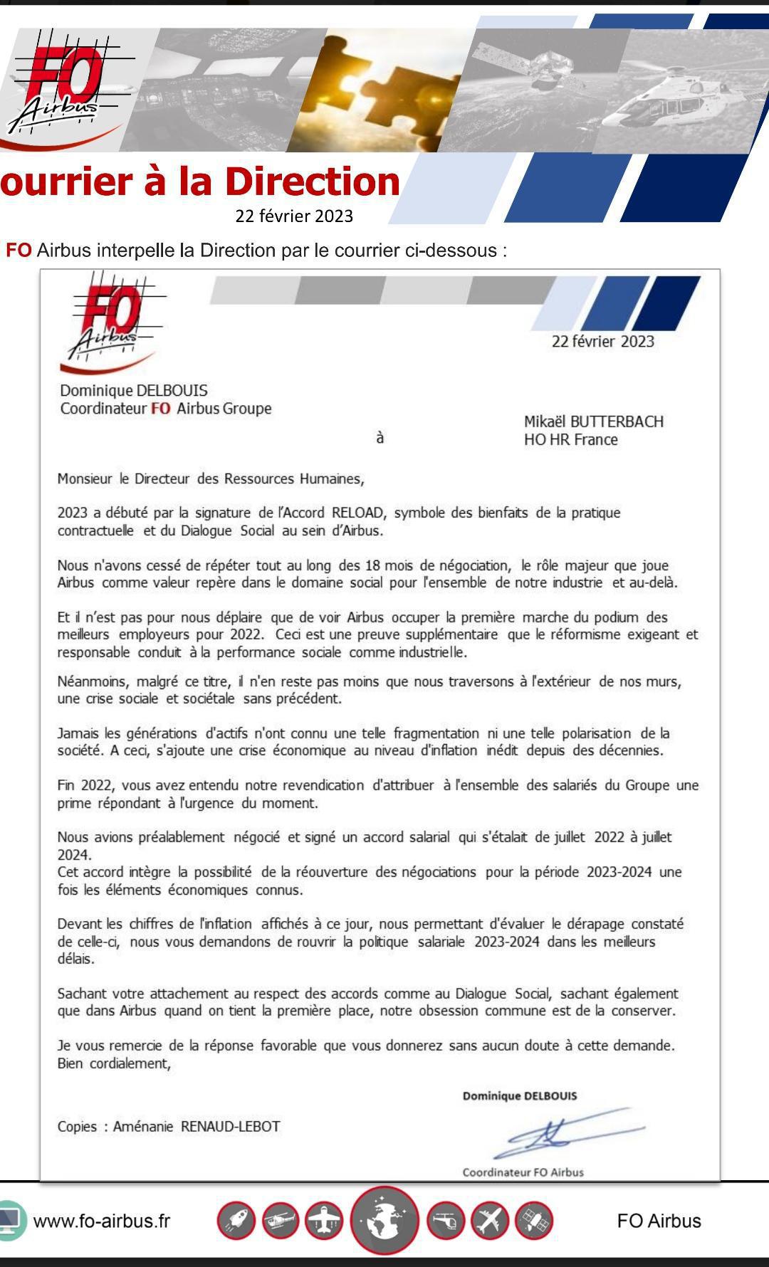 Politique salariale 2023-2024 : courrier de FO Airbus à la Direction Politique salariale 2023-2024 : courrier de FO Airbus à la Direction