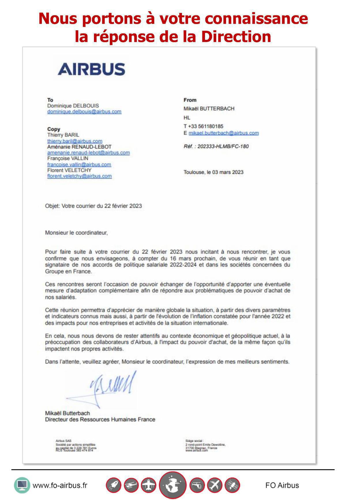 Politique salariale 2023-2024 : réponse de la Direction au courrier de FO Airbus Politique salariale 2023-2024 : réponse de la Direction au courrier de FO Airbus