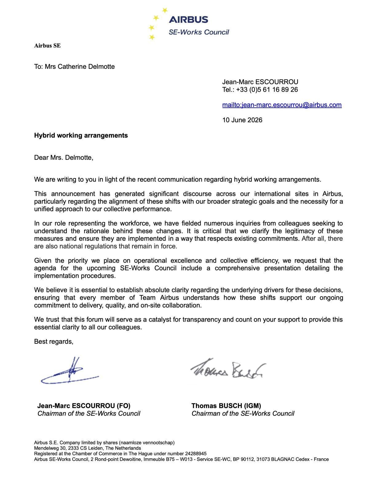🆕 Lettre du SE-Works Council à la Direction Générale d’Airbus