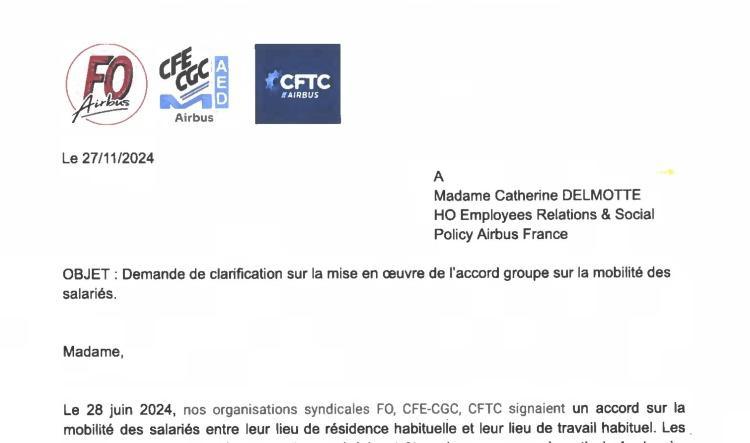 Accord sur la mobilité des salariés : FO, CFE-CGC et CFTC demandent des clarifications à la direction d'Airbus France