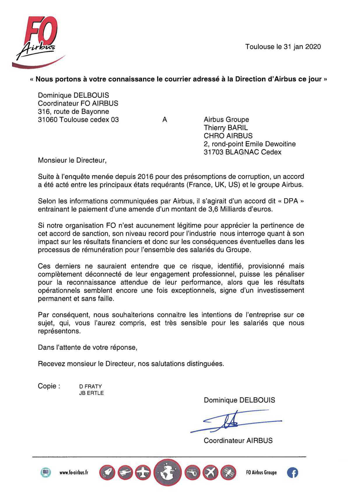 Accord relatif aux enquêtes pour corruption : FO adresse un courrier à la Direction
