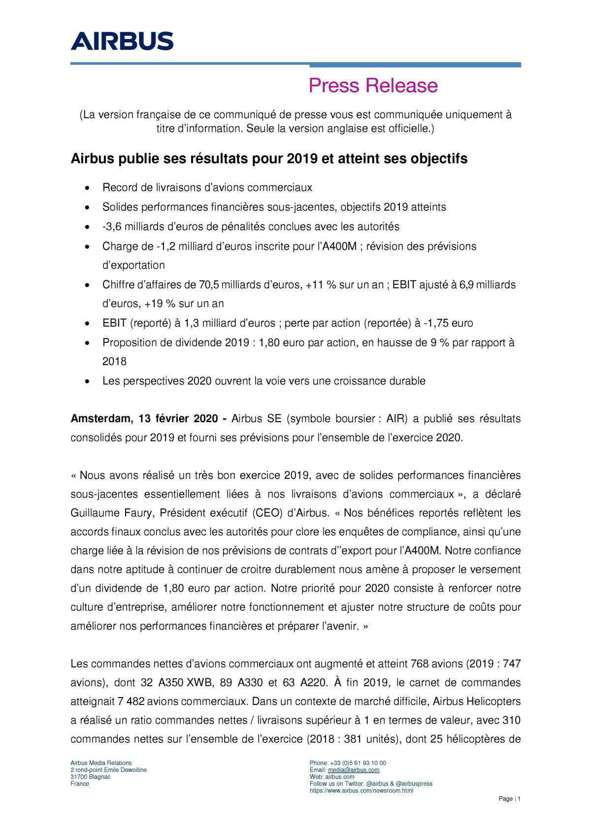 Airbus publie ses résultats 2019 : en perte après une charge sur l'A400M et le règlement du litige