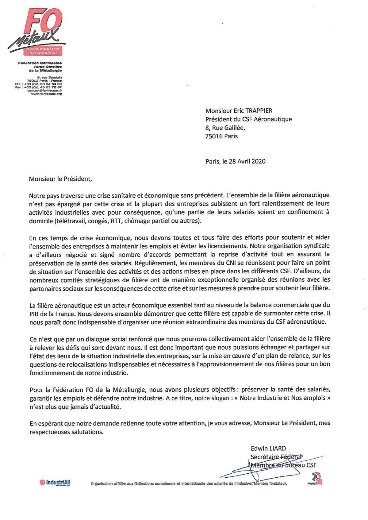 Covid-19 : lettre au président du CSF aéronautique
