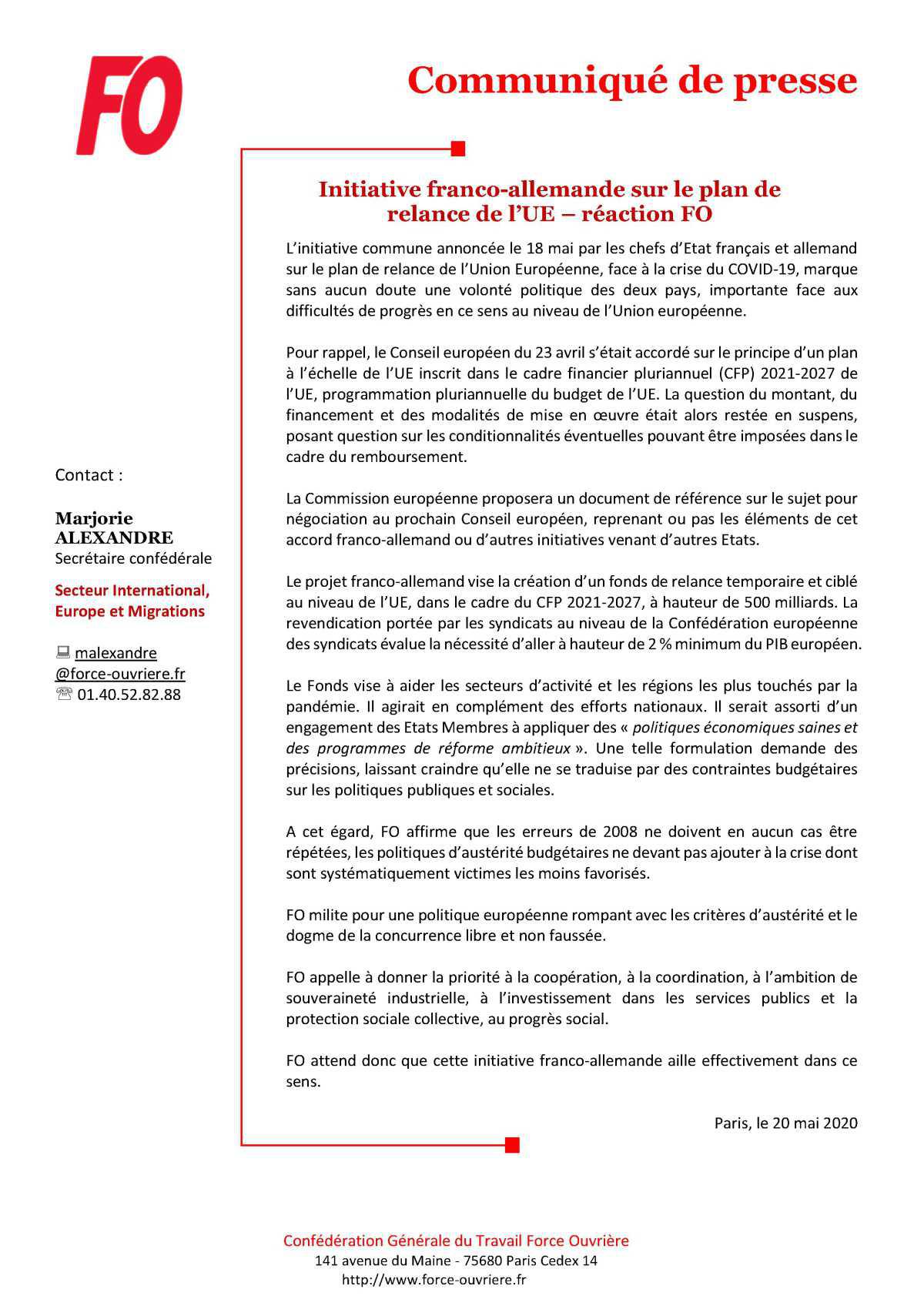 Communiqué de presse : Initiative franco-allemande sur le plan de relance de l’UE – réaction FO