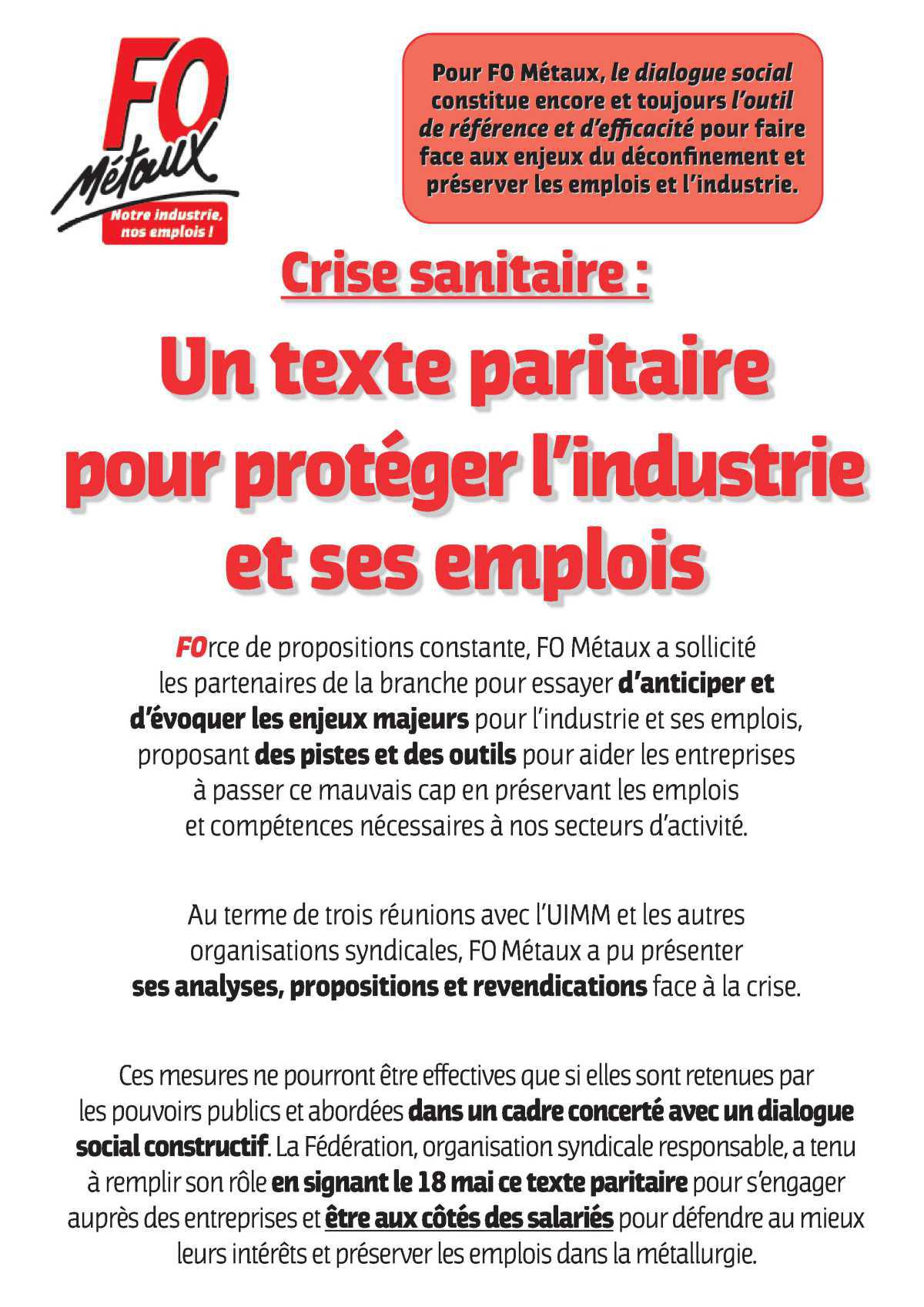 Crise sanitaire : un texte paritaire pour sauver pour protéger l'industrie et ses emplois