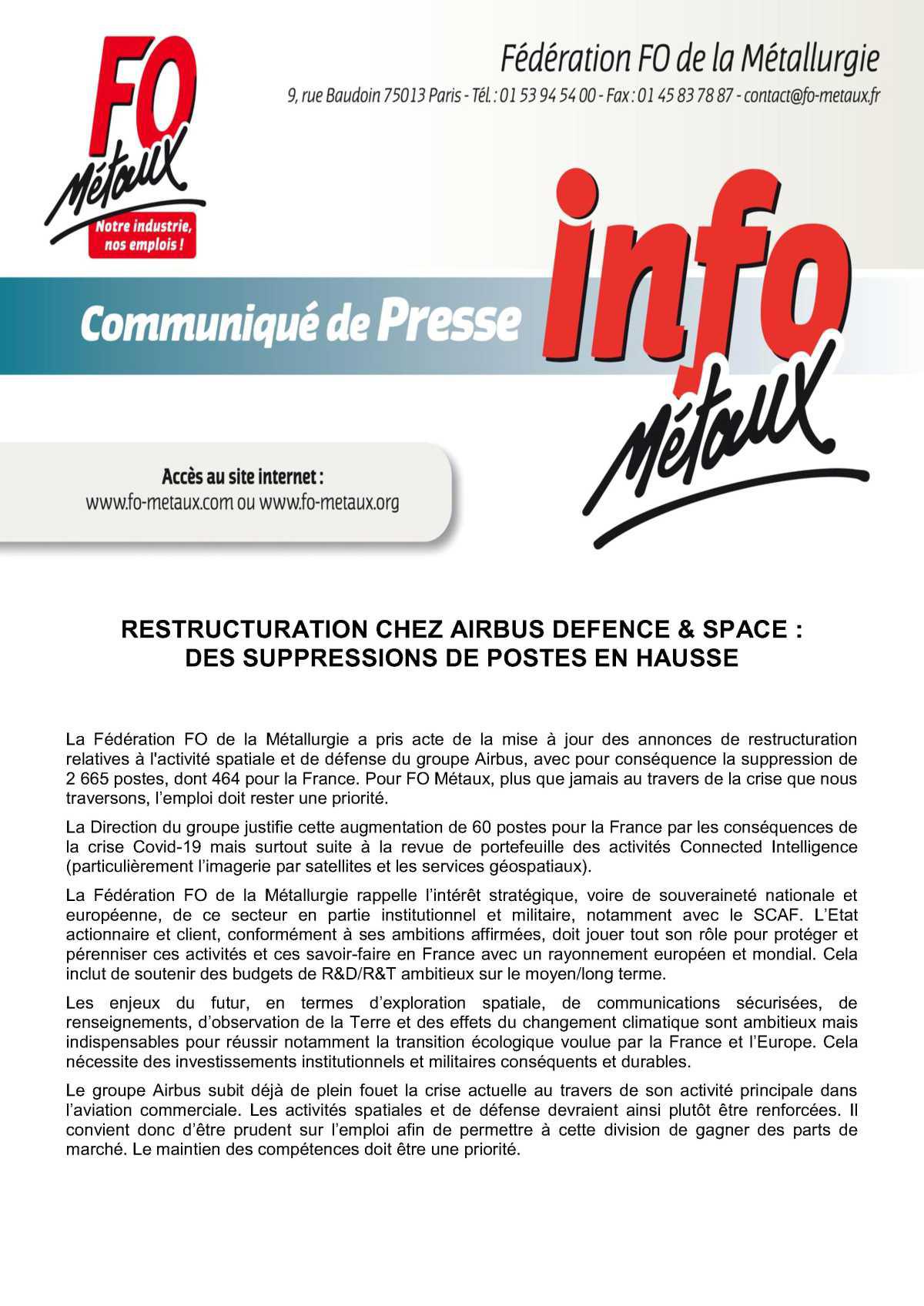 Communiqué FO Métaux : suppressions de postes en hausse chez Airbus DS