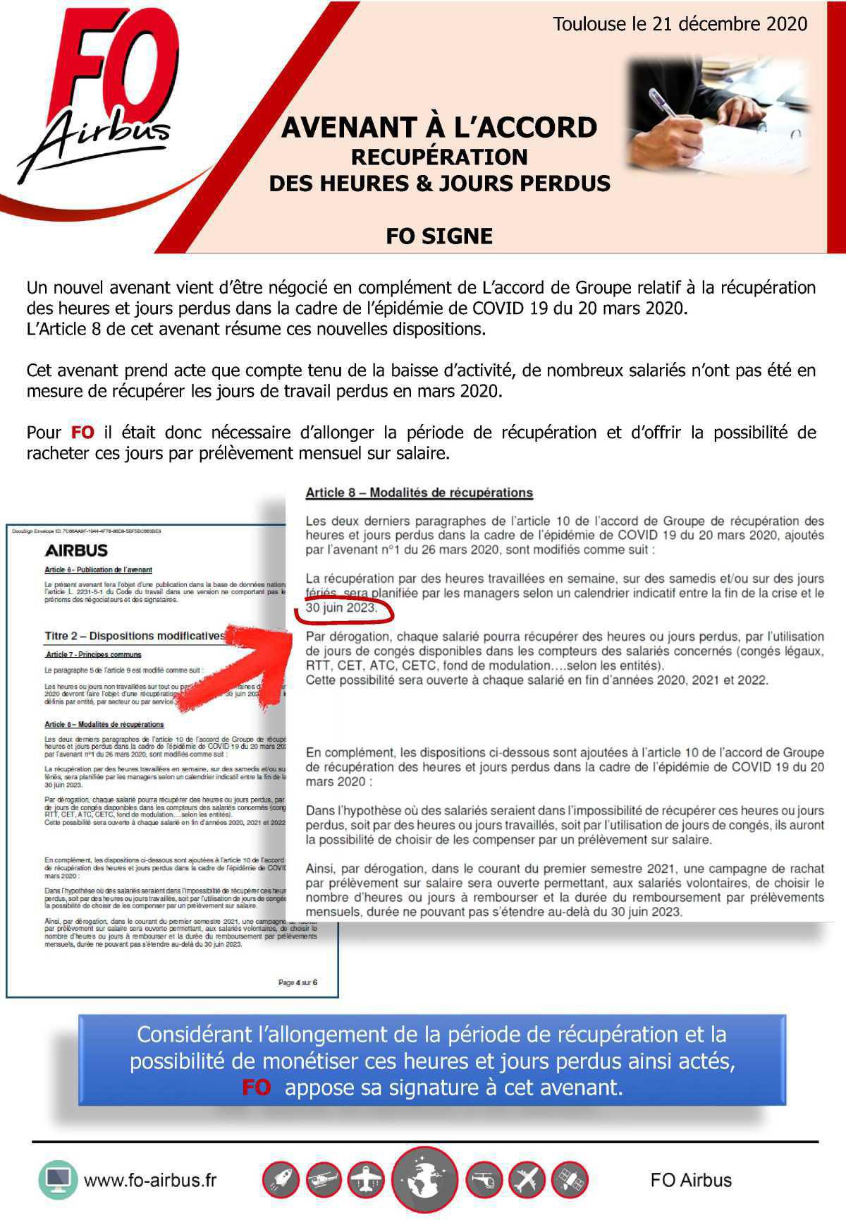 Avenant à l'accord "récupération des heures et jours perdus"
