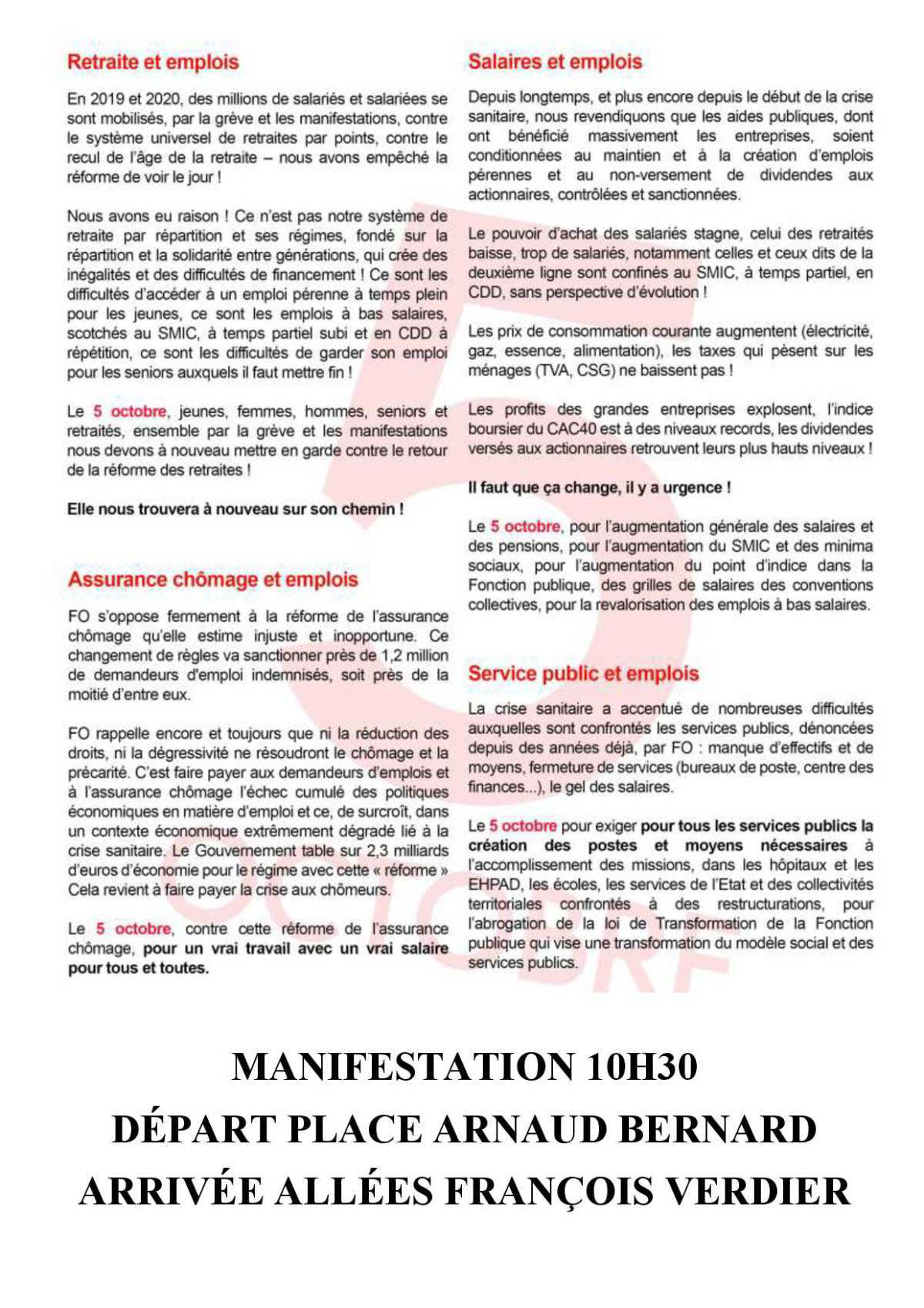 5 octobre, manifestation à Toulouse, départ 10H30 place Arnaud Bernard